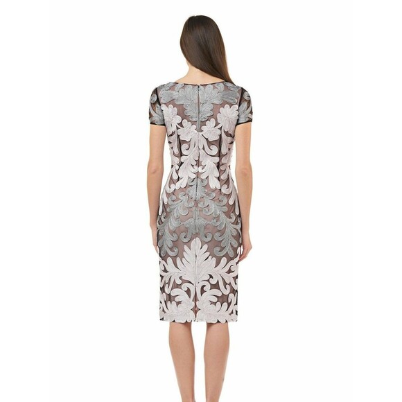 New JS Collections V Neck Soutache Evening Dress Embroidered Gray Black Size 2 - Picture 2 of 7